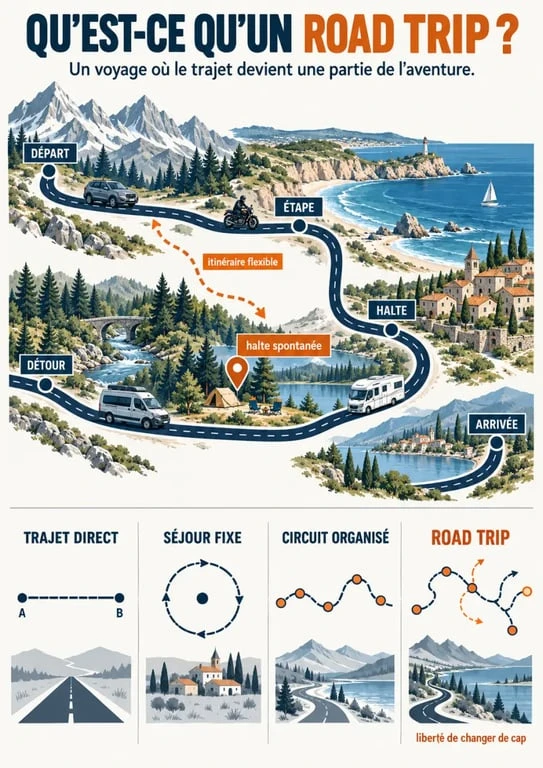 Infographie expliquant qu’est-ce qu’un road trip et ses principales caractéristiques