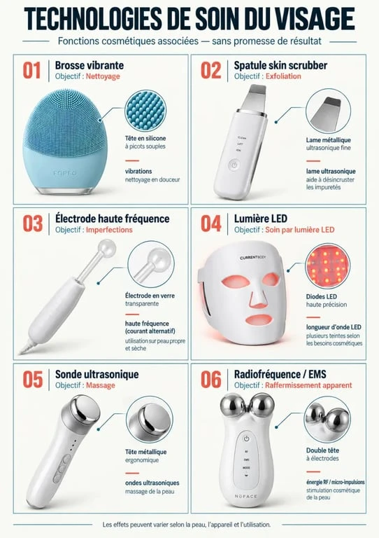 Infographie des technologies d’un appareil de soin du visage selon les objectifs