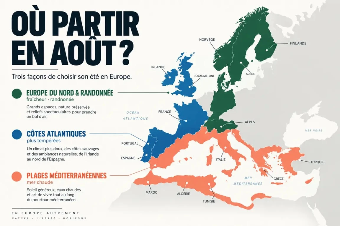 Infographie des destinations pour une vacance en août selon la chaleur, la baignade et la fraîcheur