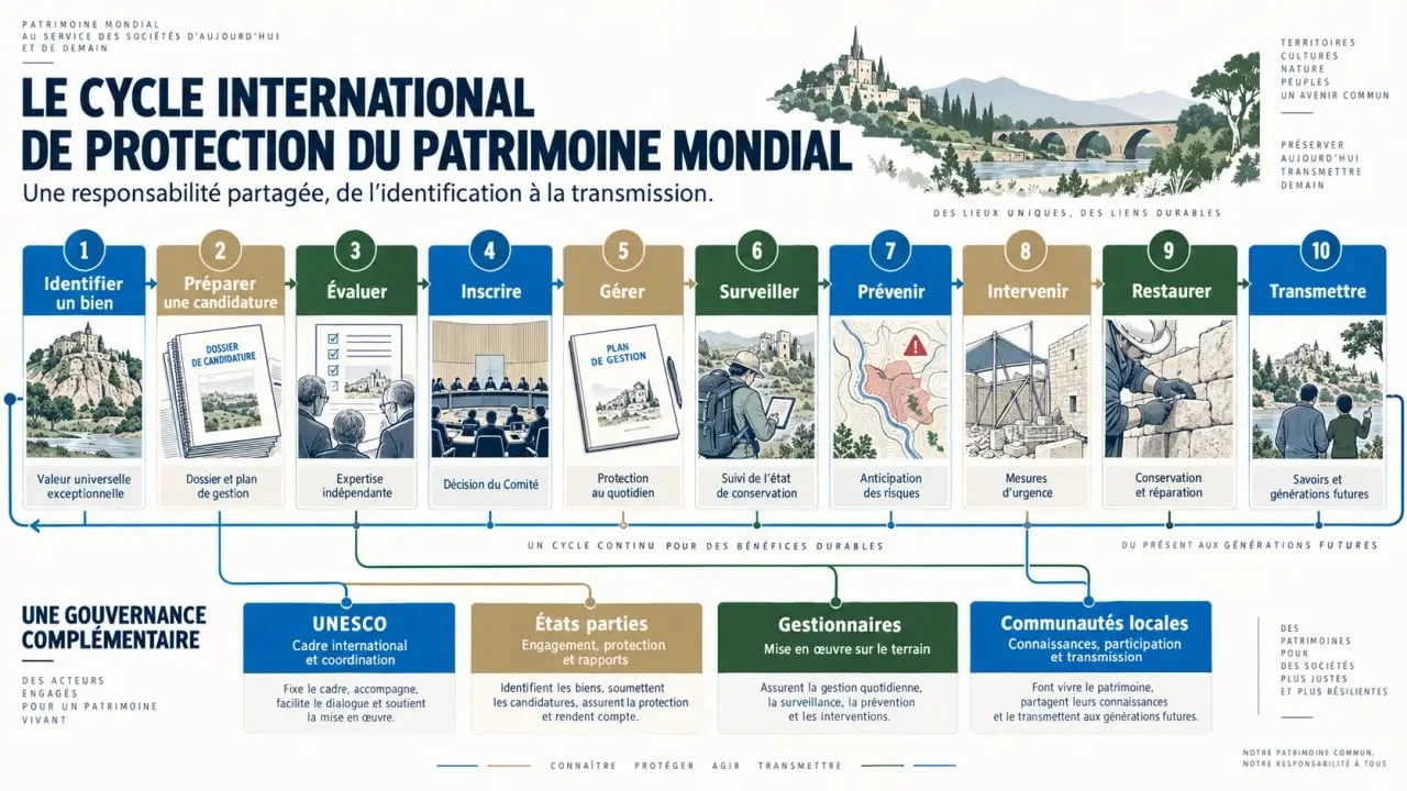 Schéma du rôle de l’UNESCO dans la protection du patrimoine et du cycle de conservation d’un site
