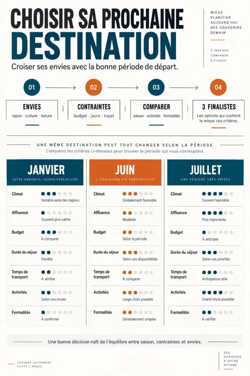 Infographie pour choisir sa prochaine destination de voyage en J selon la saison, le budget et la durée