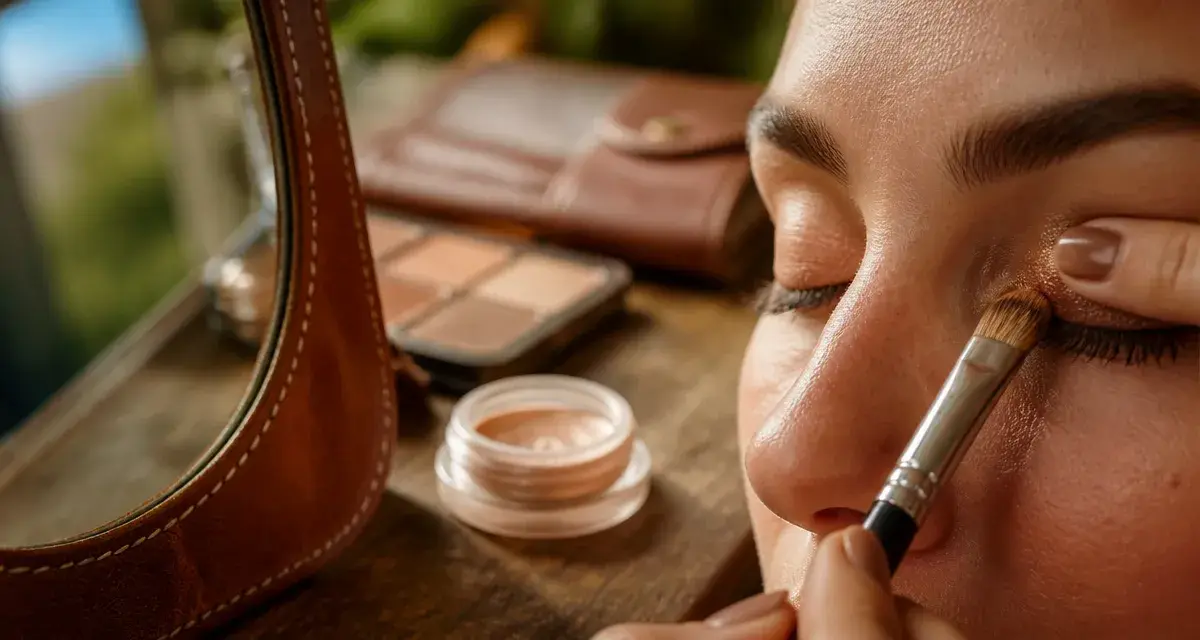 Maquillage simple pour yeux marron : fard cuivre bronze sur la paupière