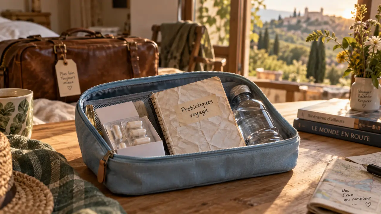 Trousse proibiotiques voyages avec gélules, eau et carnet avant départ