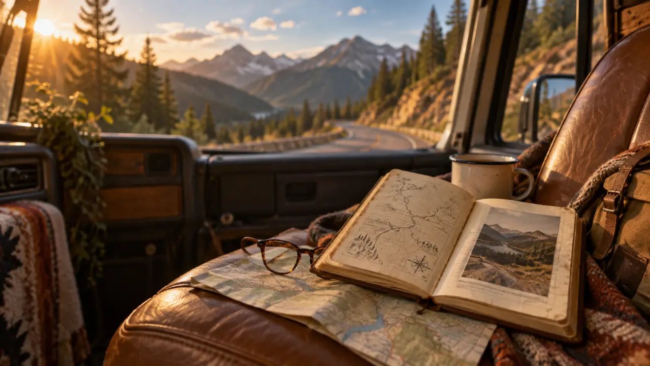 Qu est ce qu un road trip : carnet ouvert dans un van, route sinueuse