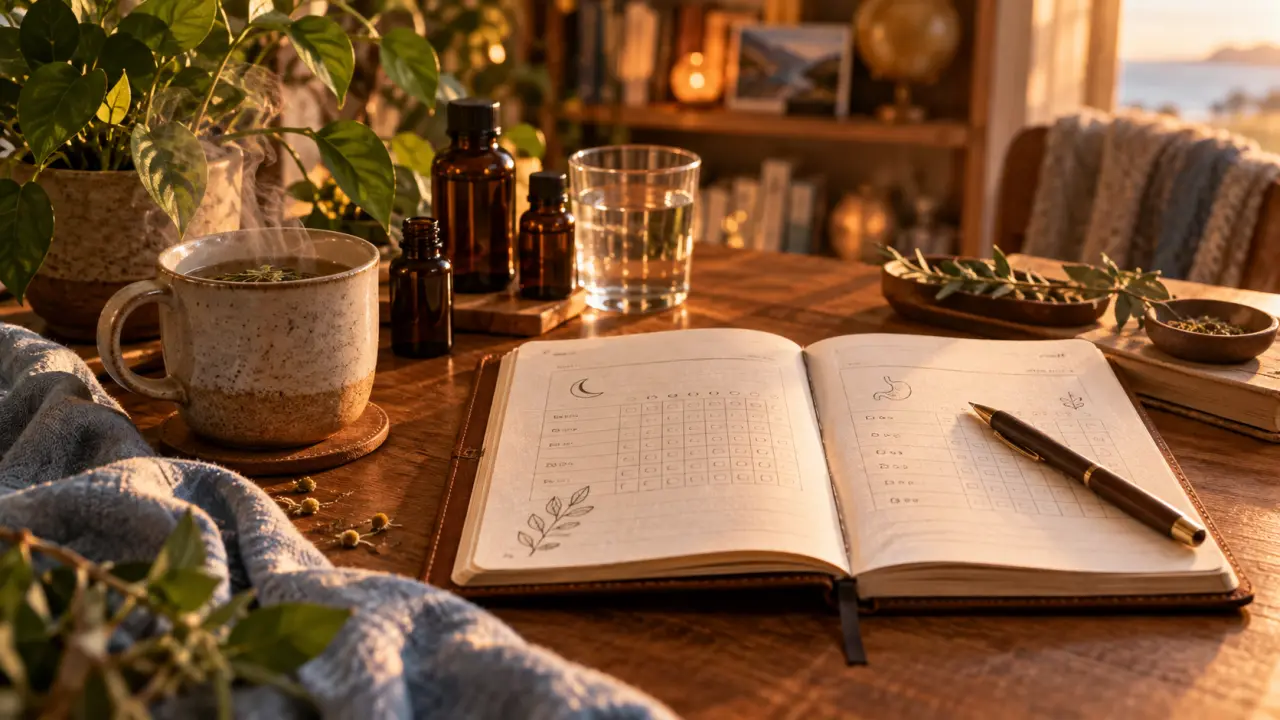 sante naturelle : infusion, carnet digestion et sommeil, flacons ambrés
