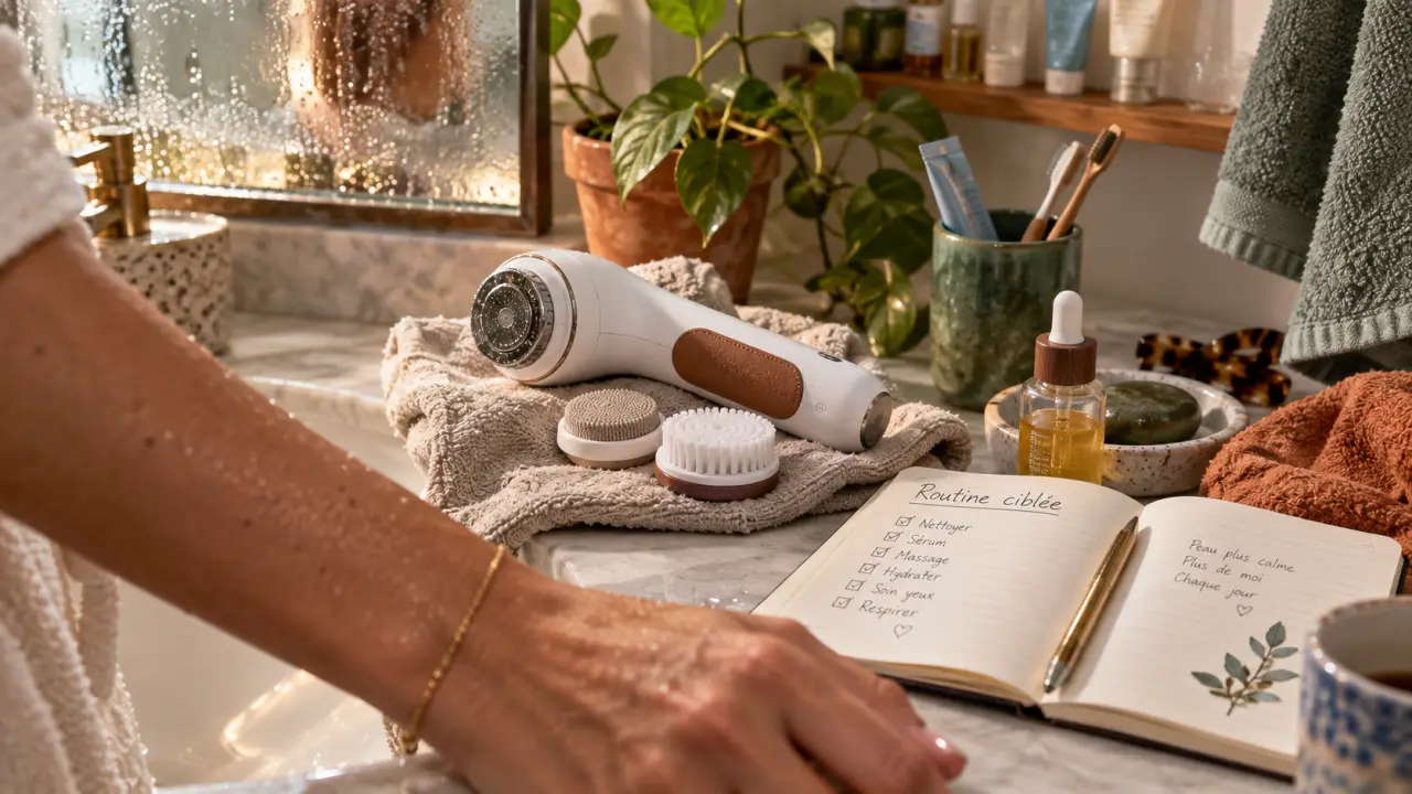 Soin visage appareil avec brosse rotative et sérum, salle de bain lumineuse
