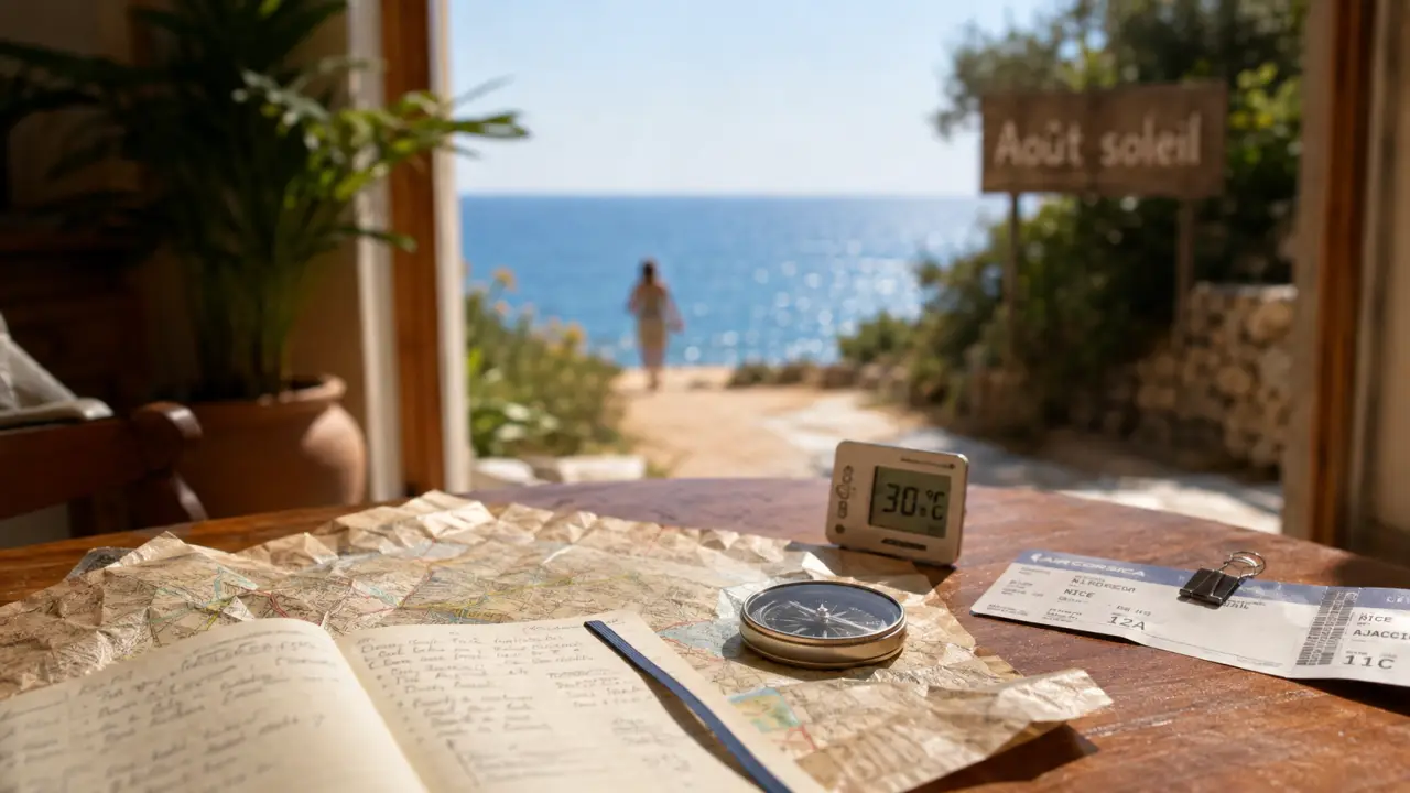 Vacances en aout ou aller : août, mer Méditerranée, plan et boussole