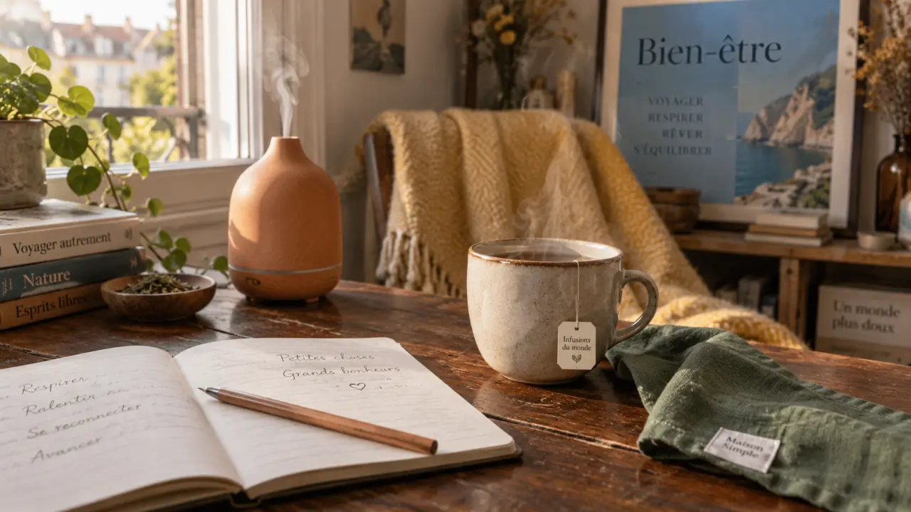 Alternatif bien être : tisane et carnet sur table près d’une fenêtre