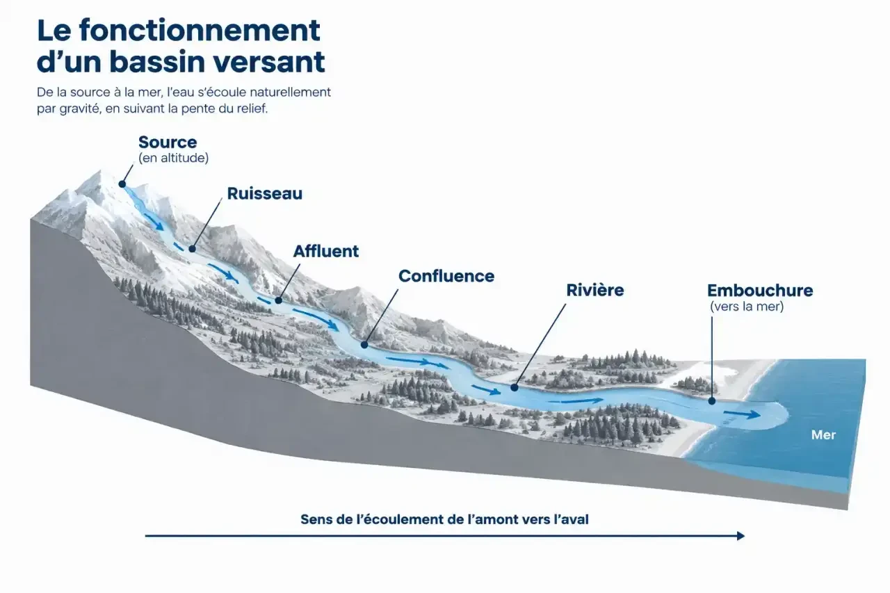 Schéma du bassin versant d'une rivière de France : source, affluent, confluence et embouchure