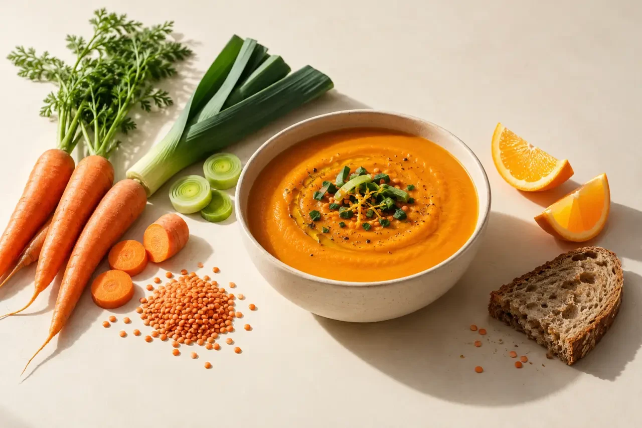 Idées recettes hiver : velouté de carottes et lentilles corail servi chaud