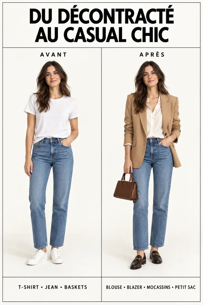 Tenue décontractée femme transformée en look casual chic avec blazer et mocassins
