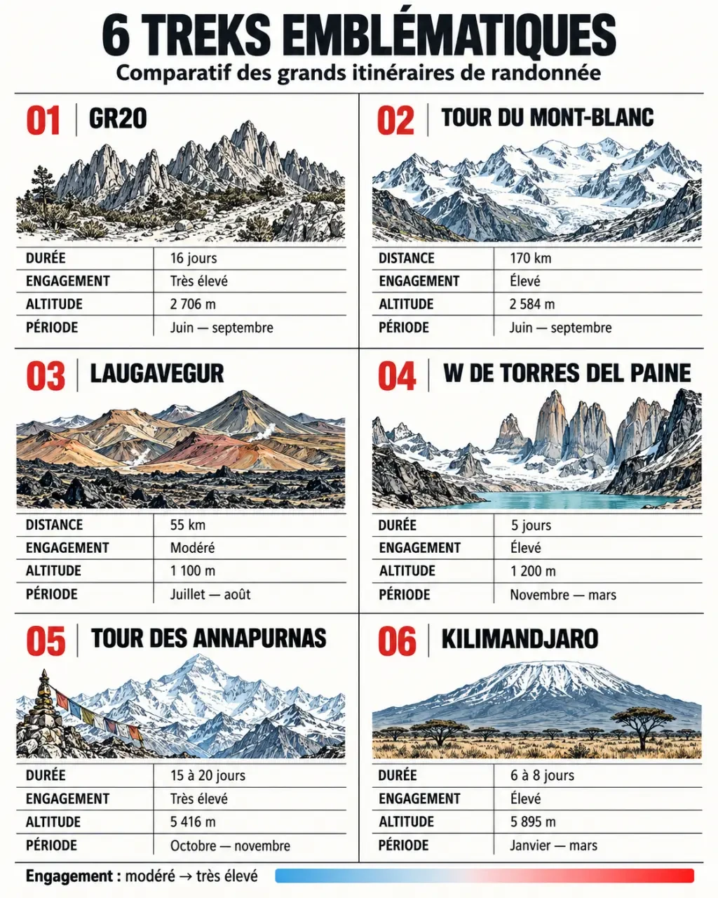 Infographie comparative des six treks emblématiques selon la durée, la difficulté, l’altitude et la saison