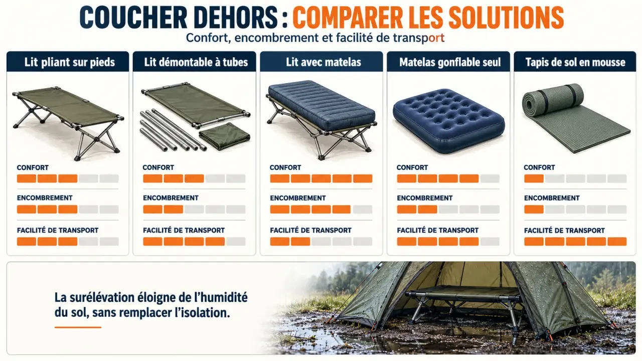 Comparatif visuel des solutions pour choisir un lit de camping confortable