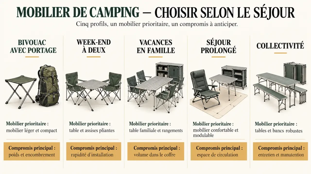 Infographie des meubles pour camping à choisir selon le type de séjour