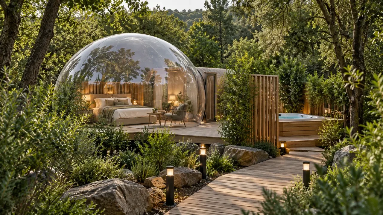 Bulle transparente avec terrasse et jacuzzi dans un environnement préservé