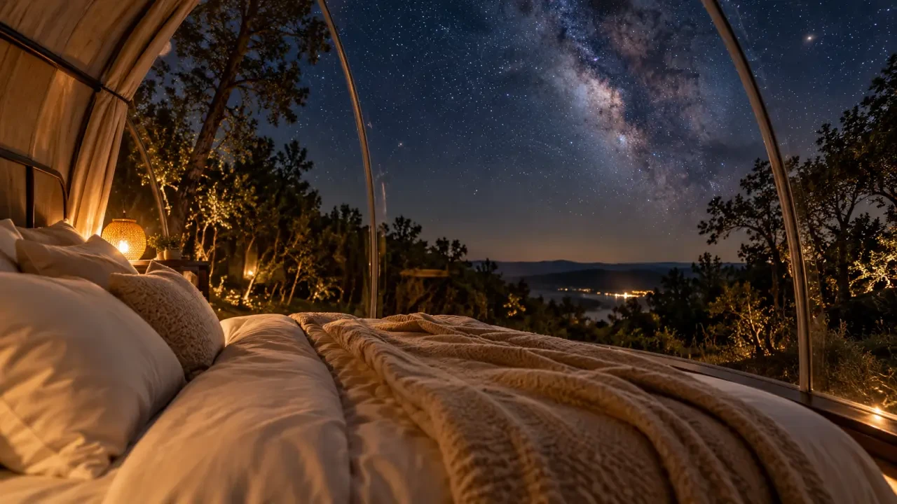 Bulle transparente sous les étoiles dans une clairière naturelle