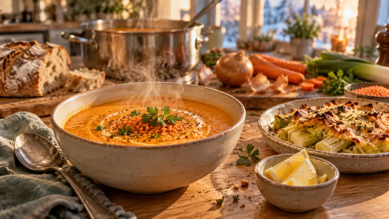Idées recettes hiver : bol de soupe carotte-lentilles et gratin de poireaux fumant