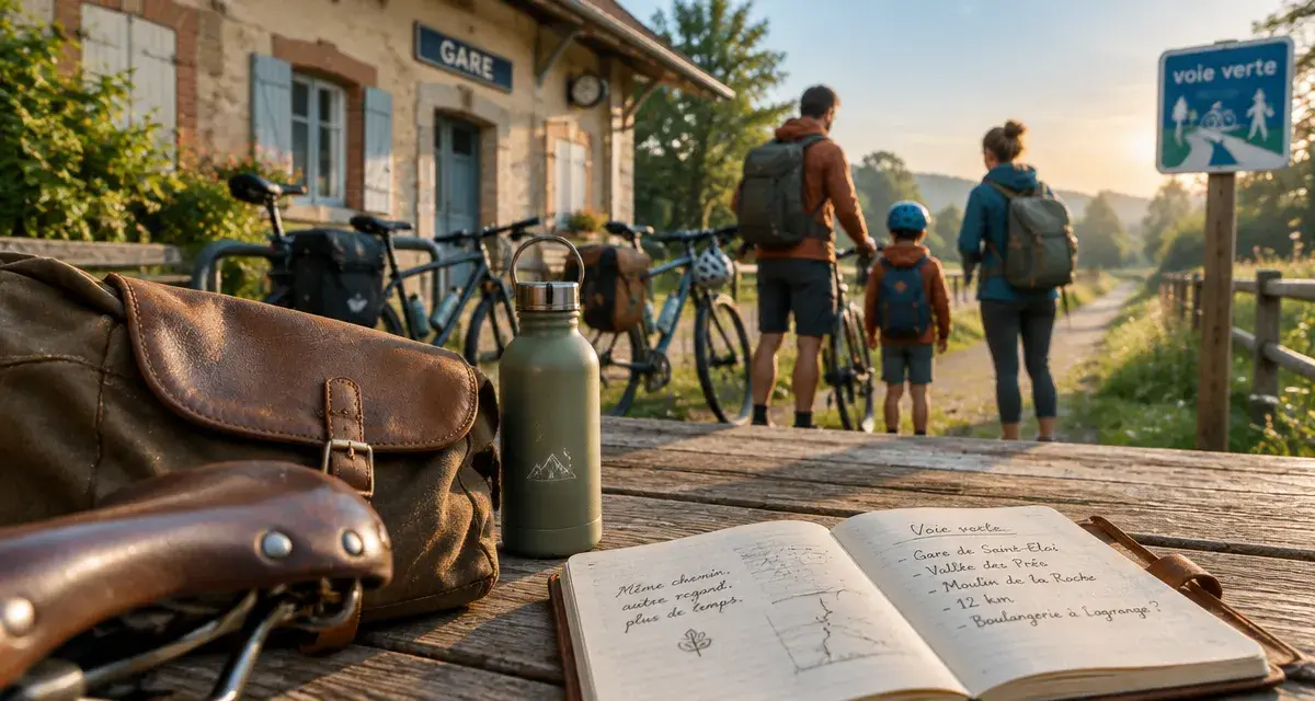 Itinéraires vélo en france : départ en voie verte, vélos et famille près d’une gare