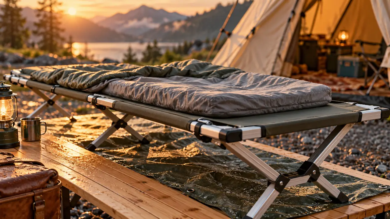 Lit de camping confortable avec toile tendue et bâche de sol
