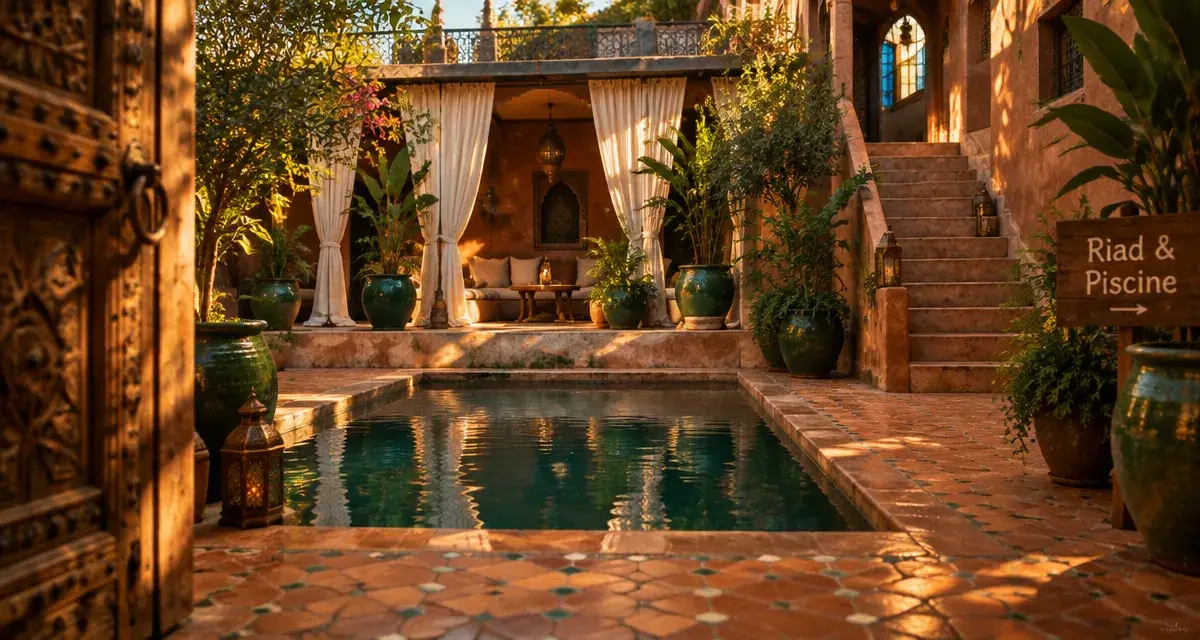 Location vacances Marrakech : patio de riad avec piscine