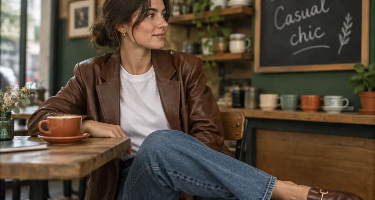 Look casual femme : jean denim, t-shirt blanc et blazer cuir au café