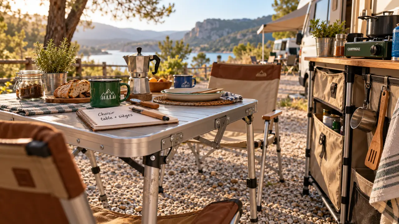 Meubles pour camping : table et chaises pliantes pour camping en coffre