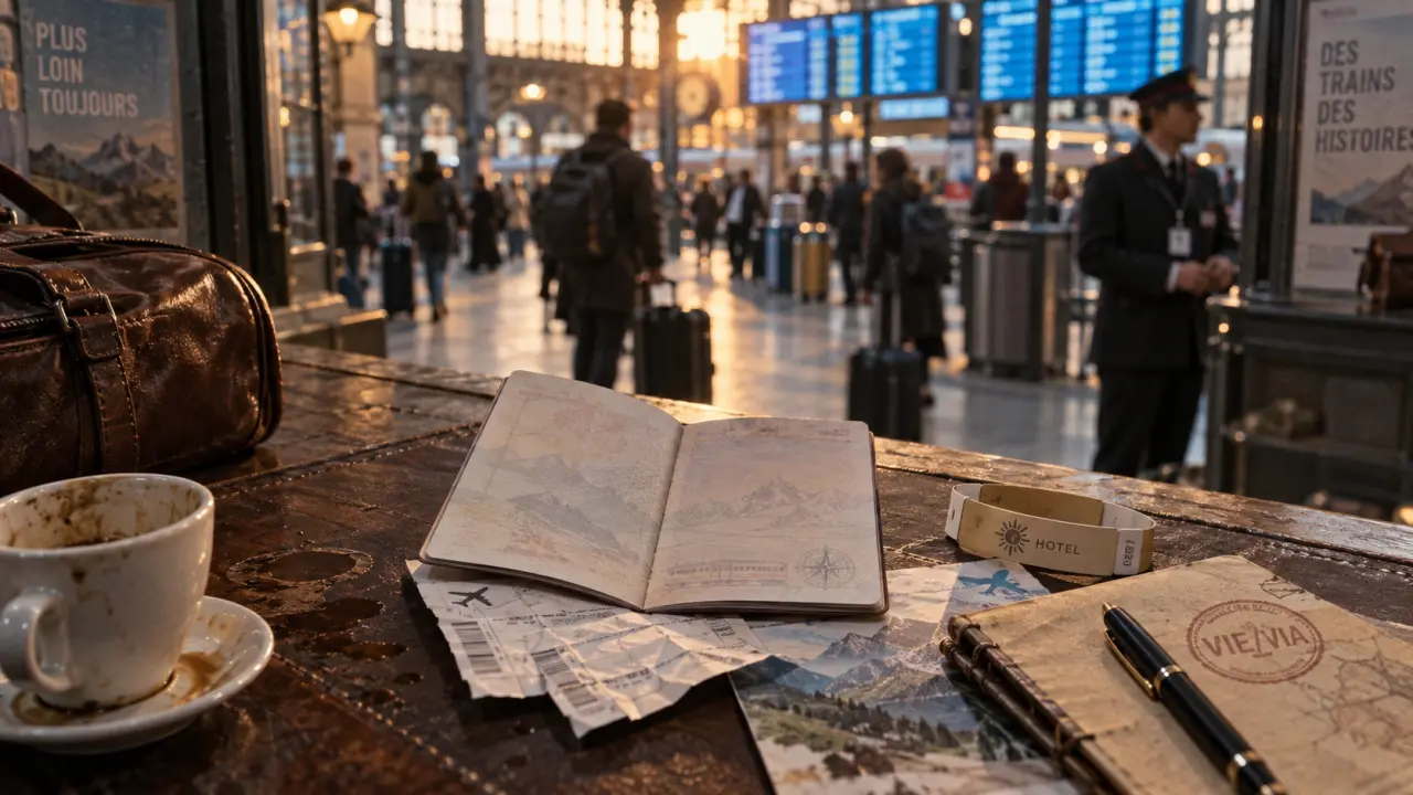 Payé pour voyager : passeport et billets en gare, style documentaire