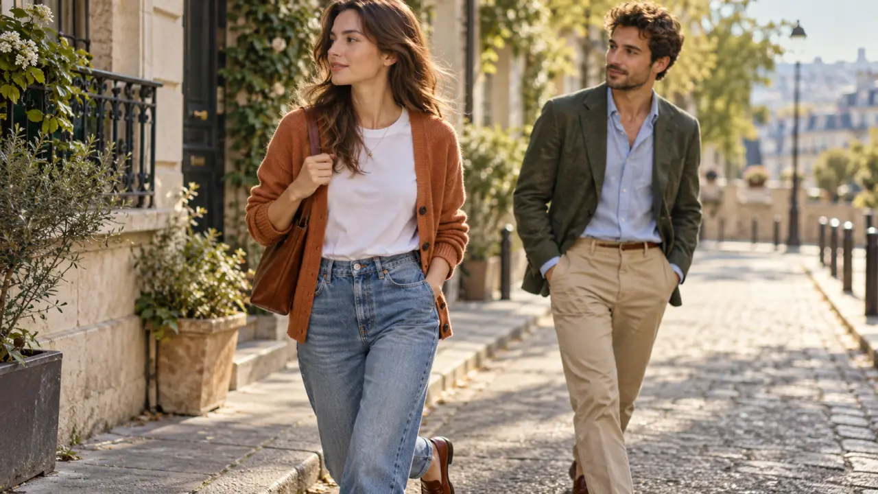 Tenues decontractees femme : jean bleu, t-shirt blanc, cardigan terre cuite, mocassins